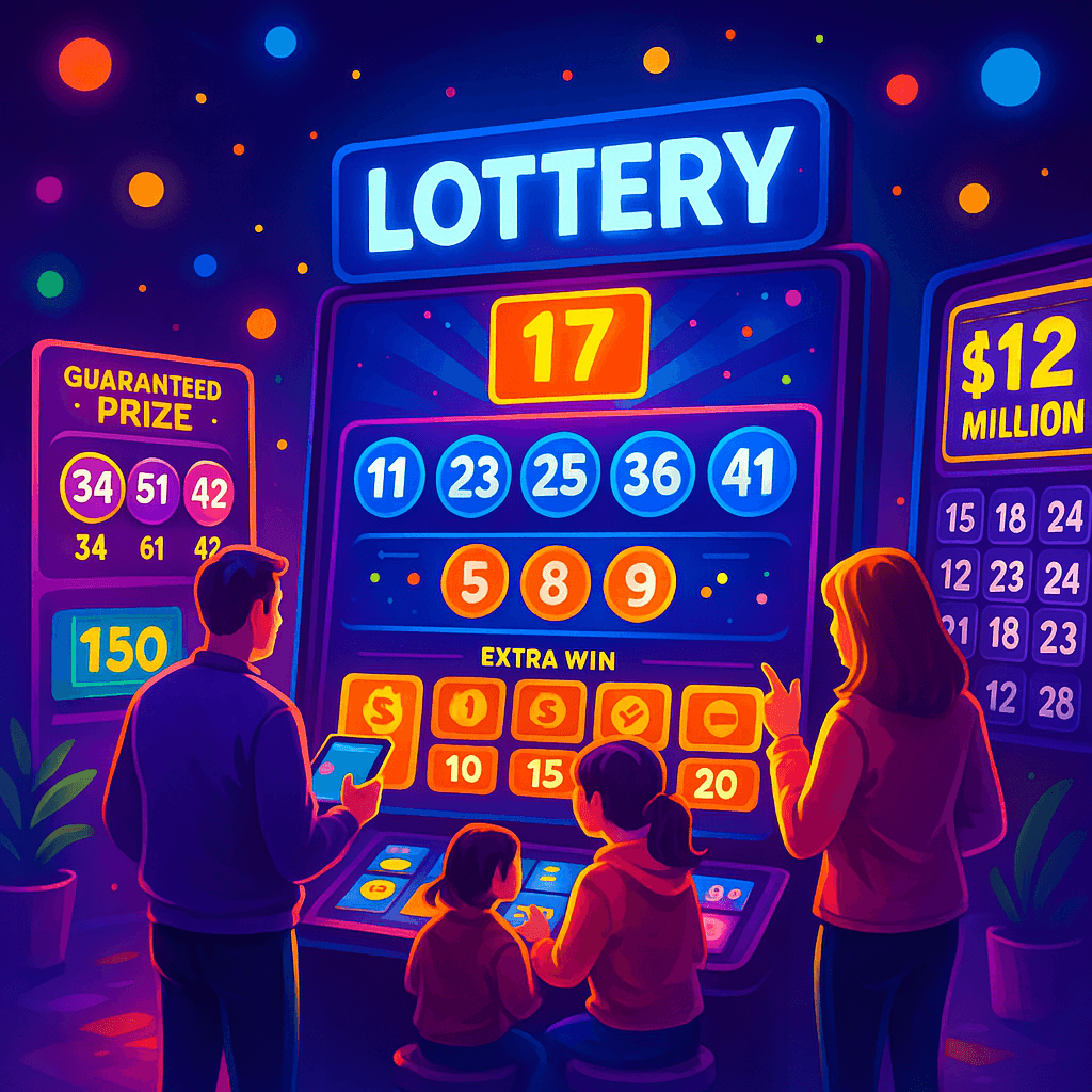 Australian lottery game with excited players viewing lottery results